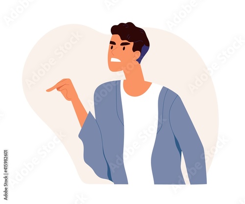 Furious angry man pointing at smb with finger to accuse, blame or criticize. Annoyed dissatisfied guy with aggressive face expression. Colored flat vector illustration isolated on white background