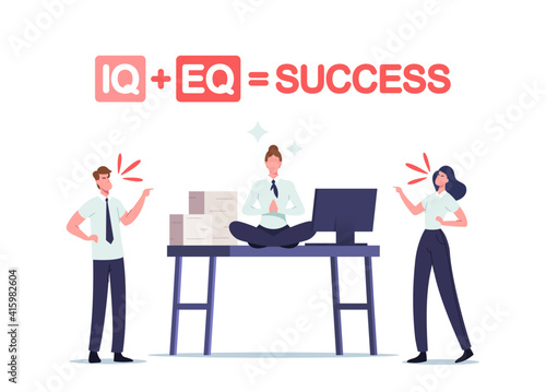Iq and Eq Equal Success Concept. Office People Quarrel at Working Desk with Relaxed Businesswoman Sit in Meditation Pose