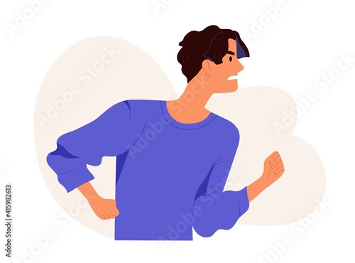 Aggressive behavior of furious angry man with annoyed facial expression. Profile portrait of irritated guy with frowned face. Colored flat vector illustration isolated on white background