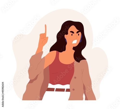 Furious angry woman shouting and screaming with rage. Annoyed female character with aggressive face expression scolding and yelling. Colored flat vector illustration isolated on white background