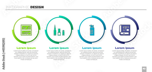 Set Hunting shop weapon, Bullet, Weapons oil bottle and Book with pistol or gun. Business infographic template. Vector.