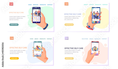 Set of pictures about photosession of people on self-isolation. Treatment process on phone screen. Effective self care concept. Characters wrapped in blanket take medication. Prevention of coronavirus