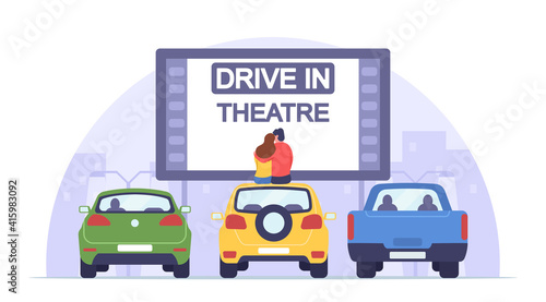 Loving Man and Woman Sit on Auto Roof Watch Movie in Drive-in Theater. Couple Dating at Car Cinema, Romantic Relations