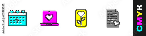Set Calendar with heart, Dating app online, Flower rose and Envelope Valentine icon. Vector.