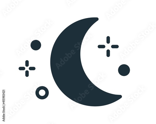 Simple weather icon with half moon or waning crescent with stars in clear sky. Symbol of night time in line art style. Linear flat vector illustration isolated on white background