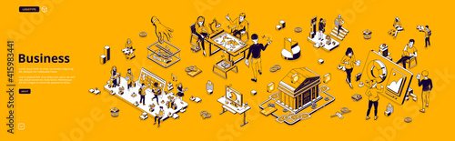 Business isometric landing page. Workplace interior with people work on computers, gadgets, brainstorm and coworking cooperation in area for teamwork, office lifestyle 3d vector line art, web banner
