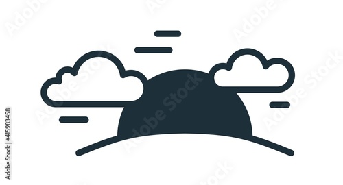 Simple sunset icon in line art style with black sun setting behind hill with clouds in sky. Solar circle going down. Linear flat vector illustration isolated on white background