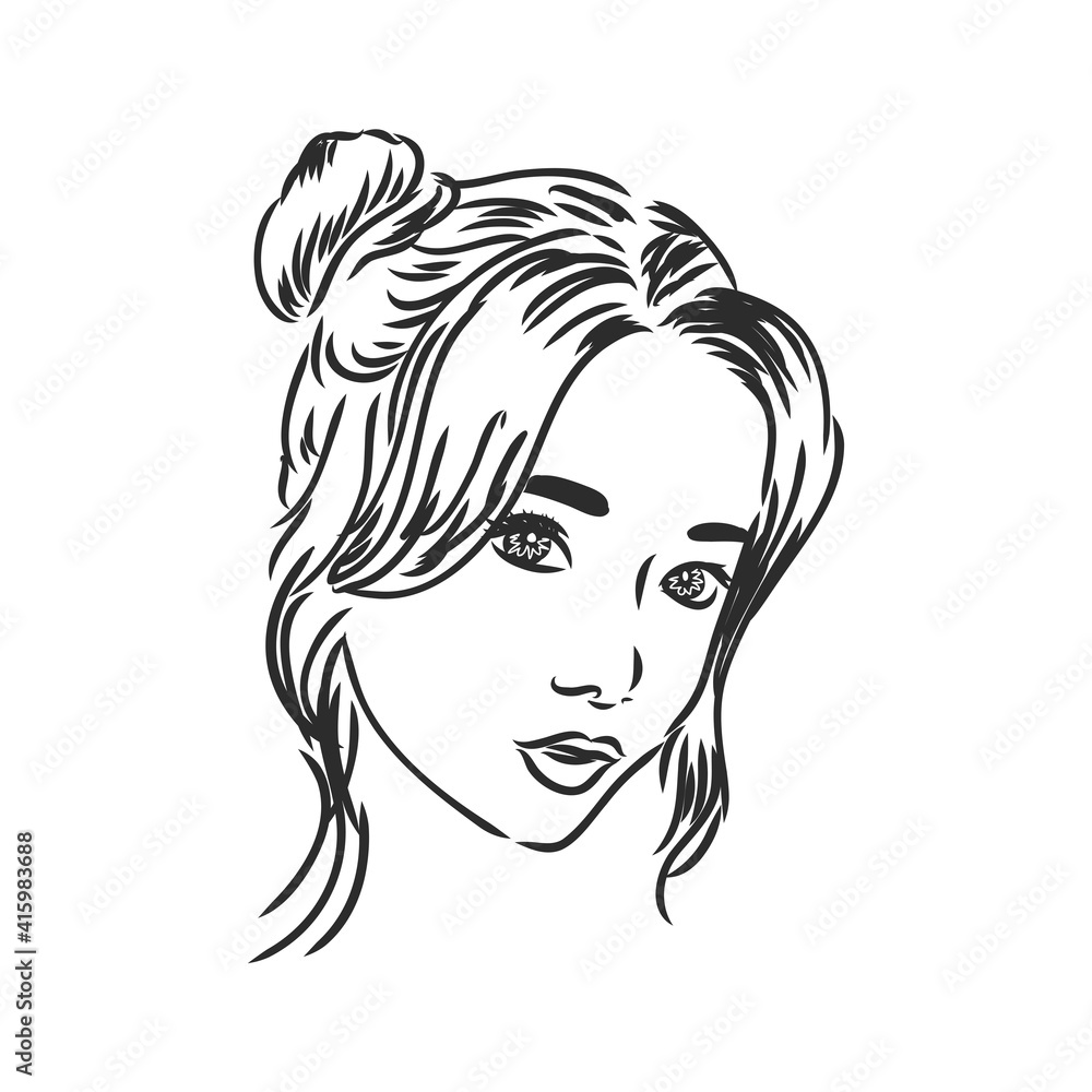 Girl with Bouffant Hairstyle, portrait of a girl, vector sketch on a white background