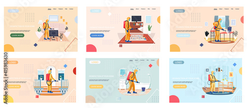 Set of illustrations on topic of disinfection and protection at home. Website landing page template. Sanitary inspection worker sprays liquid from cylinder. Man in protective suit cleans rooms