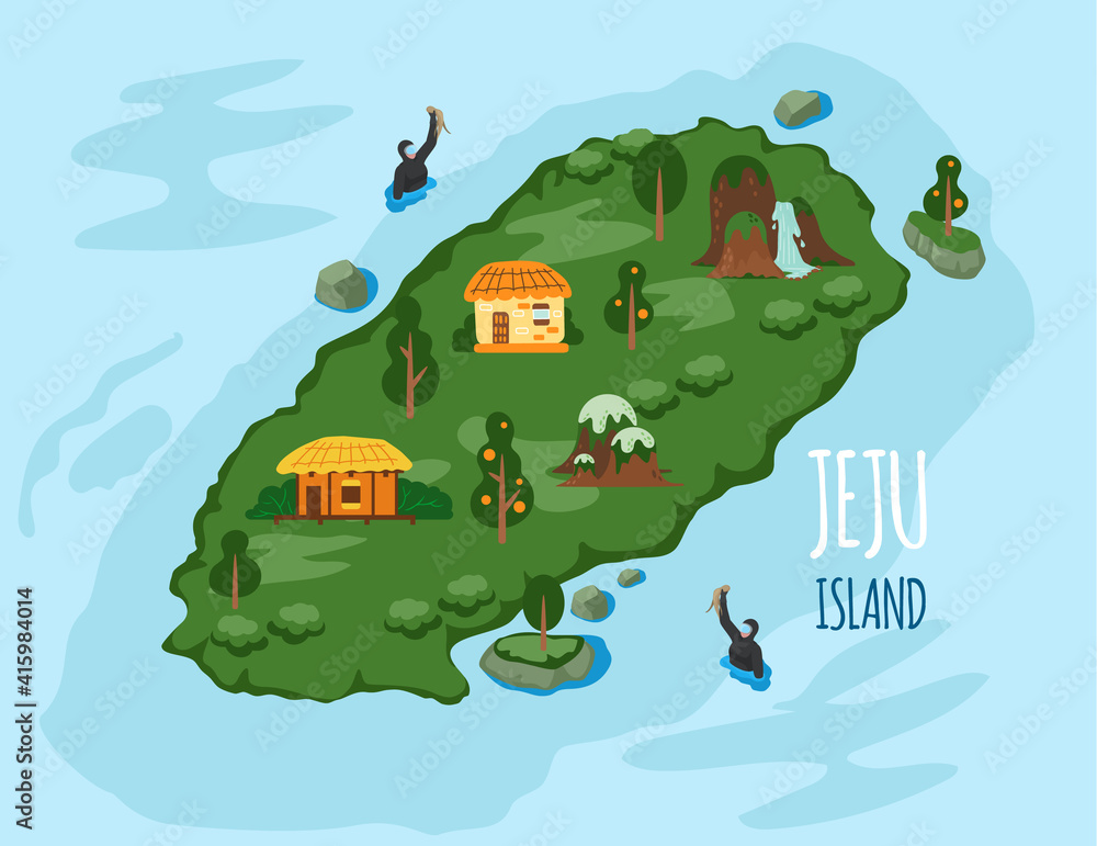 Welcome to Jeju island in South Korea, traditional landmarks, symbols ...