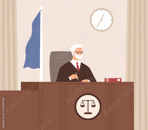 Serious court judge sitting at bench, listening and taking notes in courtroom with flag. Legal authority at work. Senior man in black gown at desk with code. Colored flat vector illustration
