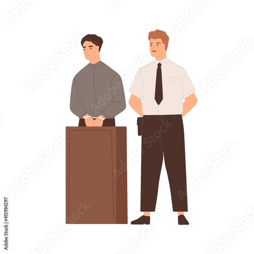 Defendant standing in handcuffs behind the podium in court. Man accused of a crime at trial process accompanied by a security guard or policeman. Flat vector illustration isolated on white background