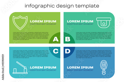 Set line Parking car barrier, Shield, Car key with remote and Motion sensor. Business infographic template. Vector.