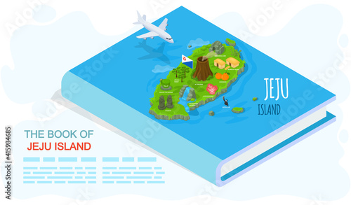 The book of Jeju island. Traveling to korea by landmarks travel magazine in cartoon style with main attractions and inscriptions. Green island in south korea, sea and land entertainment for travelers