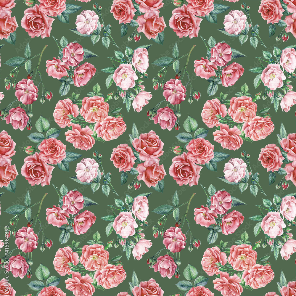 Vintage flowers, branches of roses, buds and leaves. Watercolor flowers. Seamless patterns