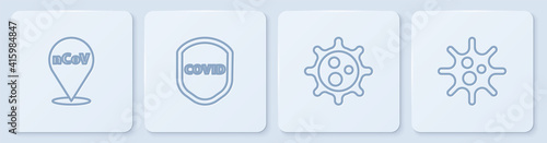 Set line Corona virus 2019-nCoV on location, Virus, Shield protecting from and . White square button. Vector.