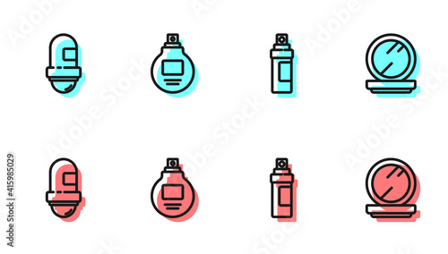 Set line Perfume, Antiperspirant deodorant roll, and Makeup powder with mirror icon. Vector.