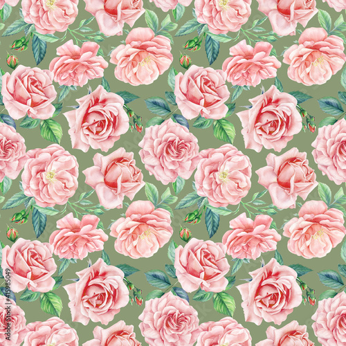 Floral seamless patterns from Rose, buds, leaves. Watercolor painting, Flowers on green background © Hanna