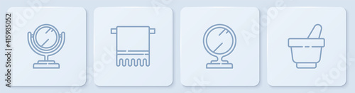 Set line Round makeup mirror, , Towel on hanger and Mortar and pestle. White square button. Vector.