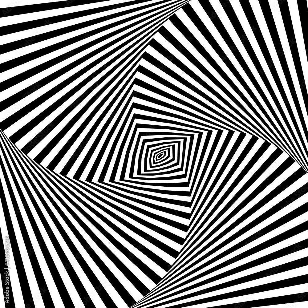 Black white line distortion illusion design. Geometric stripped pattern. Vector monochrome background.