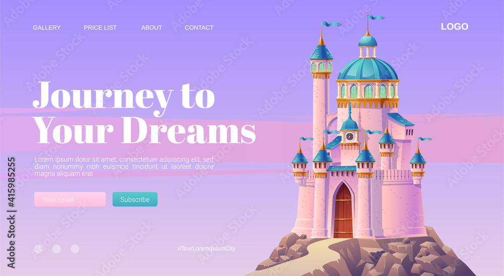 Fototapeta premium Journey to your dream cartoon landing page with pink magic castle, princess or fairy palace with turrets and clock on mountain top with rocky road lead to gates and lilac cloudy sky. vector web banner