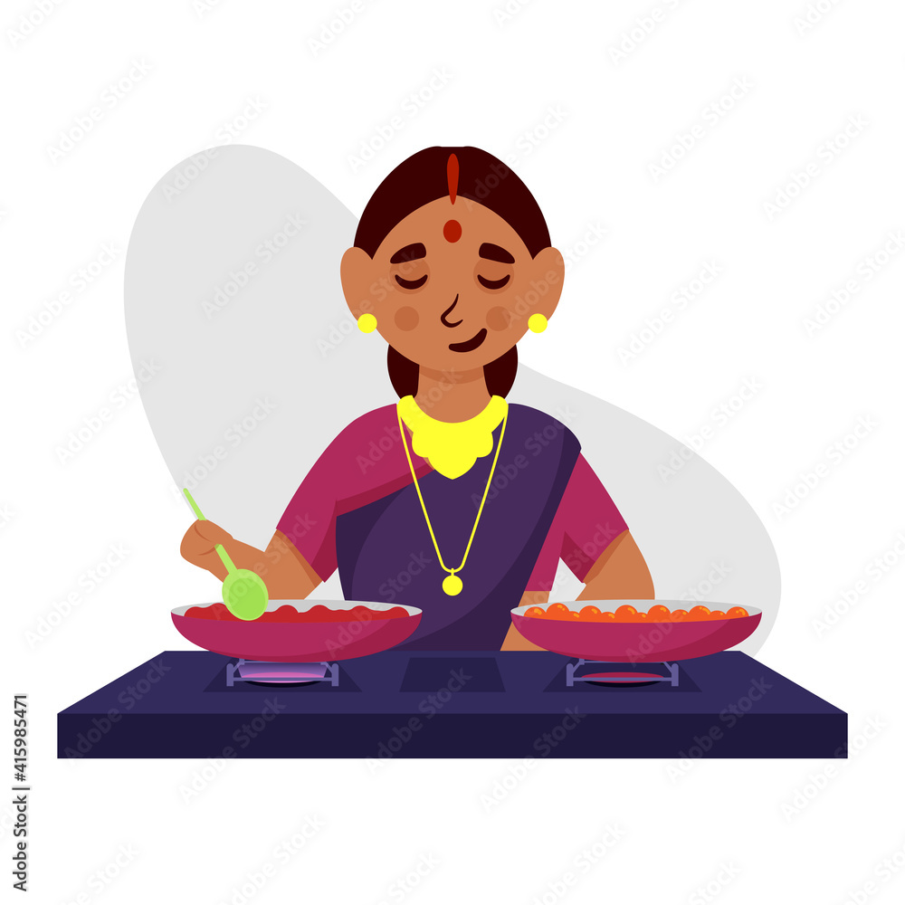 Illustration Of Indian Woman Cooking At Kitchen On White Background. Illustration Of Indian Woman Cooking At Kitchen On White Background.