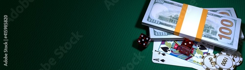 Canvas Print 3D Casino Stuff Las Vegas, Blackjack Cards Poker Chips Craps Dice Bundles of Bills Concept of Gambling Gaming and Luxury, Bet and Lucky or winner Success with Green Casino Background