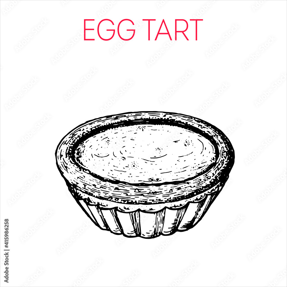 Egg Tart. Hong kong street food. Vintage hand drawn sketch. Chinese