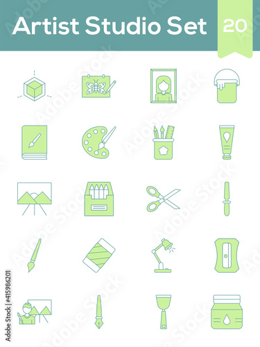 Green And White Color Set of Artist Studia Icon In Flat Style.