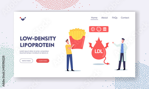 Low Density Lipoprotein Landing Page Template. Doctor Explain Danger of Bad Cholesterol to Patient with Fast Food