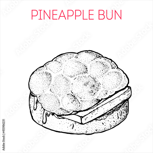 Pineapple bun. Hong kong street food. Vintage hand drawn sketch. Chinese food. Vector illustration.