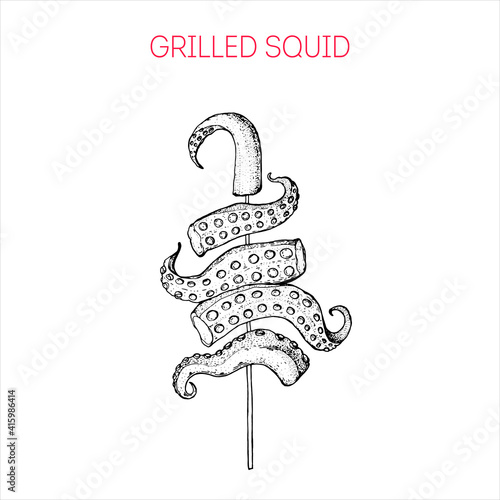 Grilled squid. Street food. Vintage hand drawn sketch. Chinese food. Vector illustration.