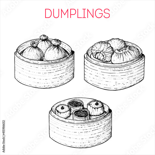 Dumplings in bamboo steamer. Asian food. Vintage hand drawn sketch. Chinese, Japanese , Thai food. Vector illustration.