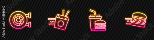 Set line Paper glass and burger, Donut, Online ordering noodles delivery and . Glowing neon icon. Vector.
