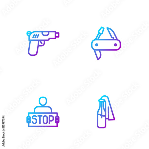 Set line Cocktail molotov, Stop war, Pistol or gun and Swiss army knife. Gradient color icons. Vector.