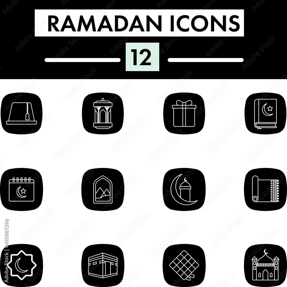 Flat Style Set of Ramadan Icon In B&W Color.