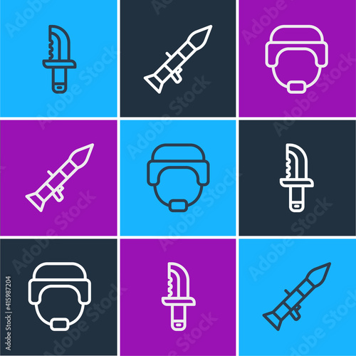 Set line Military knife, helmet and Rocket launcher icon. Vector.