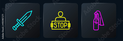Set line Sword, Cocktail molotov and Stop war. Black square button. Vector.