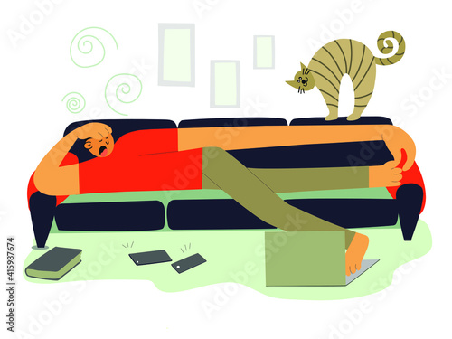 the guy is lying on the couch, scratching his leg, phones are ringing, work is standing, procrastination, a cat is looking at him from above
