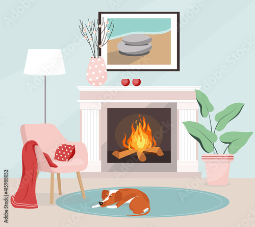 Vector illustration Cozy home interior. Living room with fireplace, floor lamp, vase. The painting hangs over the fireplace. The dog is sleeping on the carpet. Comfortable armchair with pillow blanket
