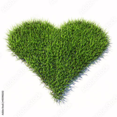 Concept or conceptual green summer lawn grass symbol shape isolated white background, sign of heart. A 3d illustration metaphor for love, romance, valentine's day, happiness, wedding, health or care