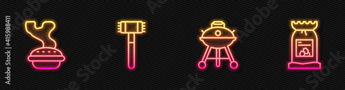 Set line Barbecue grill, Homemade pie, Kitchen hammer and coal bag. Glowing neon icon. Vector.