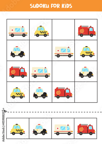 Sudoku game for kids with cartoon transportation means.