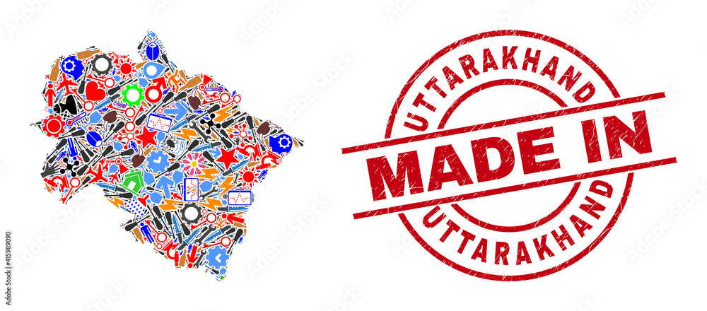 Technical Uttarakhand State map mosaic and MADE IN grunge rubber stamp. Uttarakhand State map mosaic composed with spanners, cogs, tools, aircrafts, vehicles, electricity strikes, details. Technical Uttarakhand State map mosaic and MADE IN grunge rubber stamp. Uttarakhand State map mosaic composed with spanners, cogs, tools, aircrafts, vehicles, electricity strikes, details.