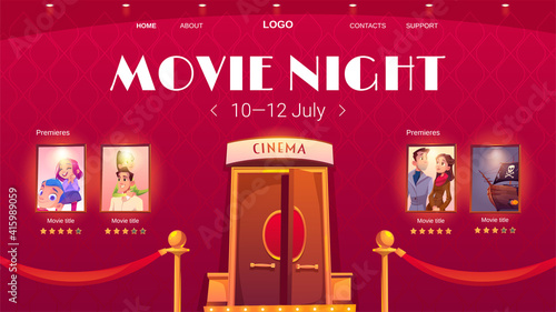 Movie night cartoon landing page, invitation advertisement to cinema festival, show entertainment or concert with entrance to hall and film posters on red wall with glow spotlights, Vector web banner