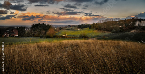 Autumn landscape  red  sunset sky.