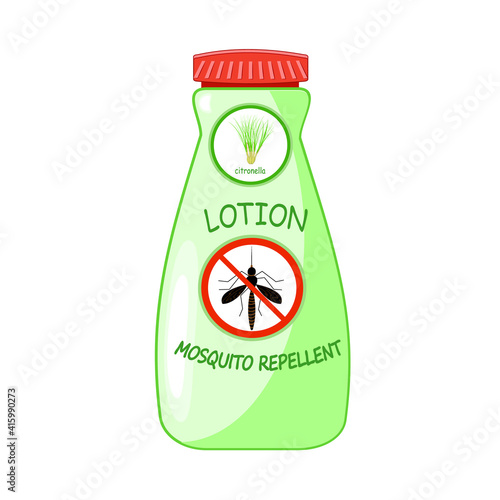 Mosquito repellent lotion isolated on white background. Plastic bottle with citronella and stop sign. Outdoor protection, repelling flying insects. Mosquito repellent cream. Stock vector illustration