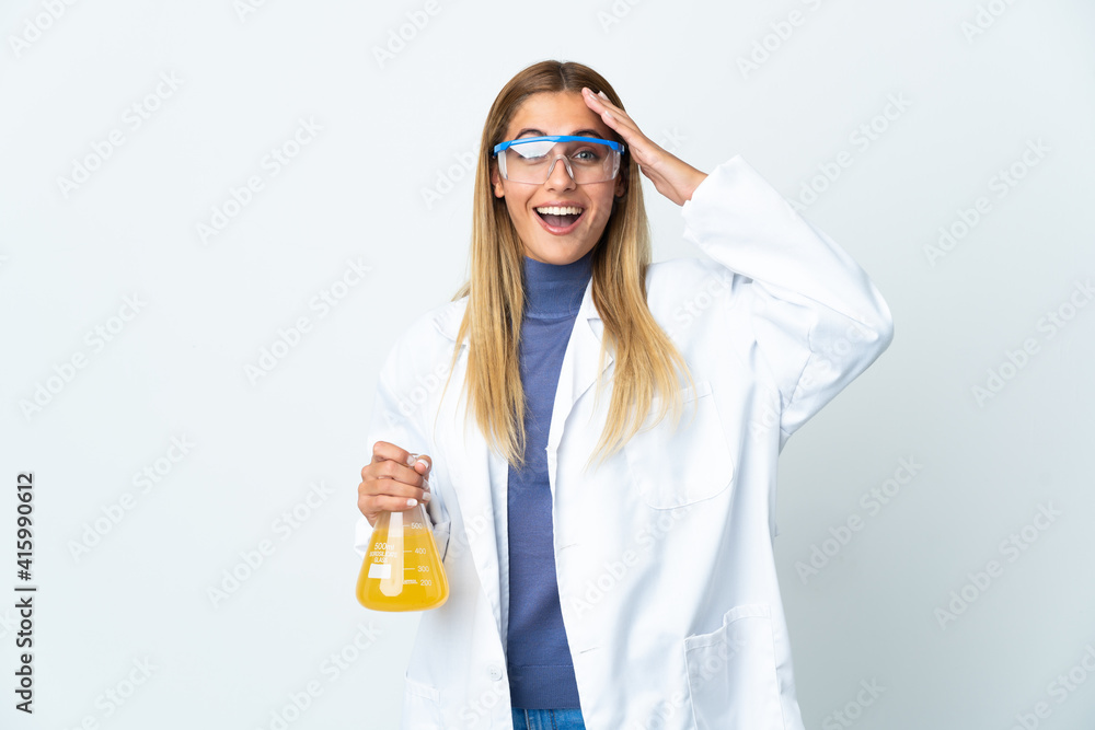 Young scientific woman isolated on white background with surprise expression Young scientific woman isolated on white background with surprise expression