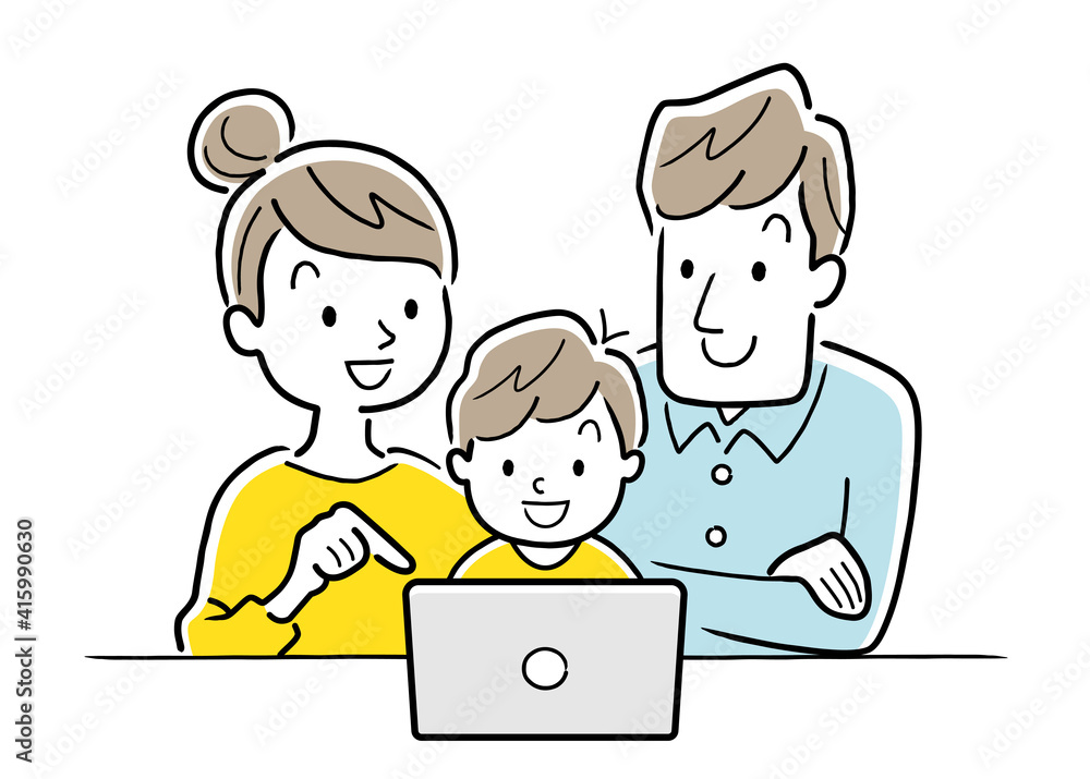 イラスト素材：パソコン、タブレットを使う家族
