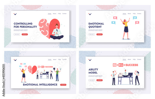 Emotional Intelligence Landing Page Template Set. Iq and Eq Concept. Characters Show Empathy, Communication Skills